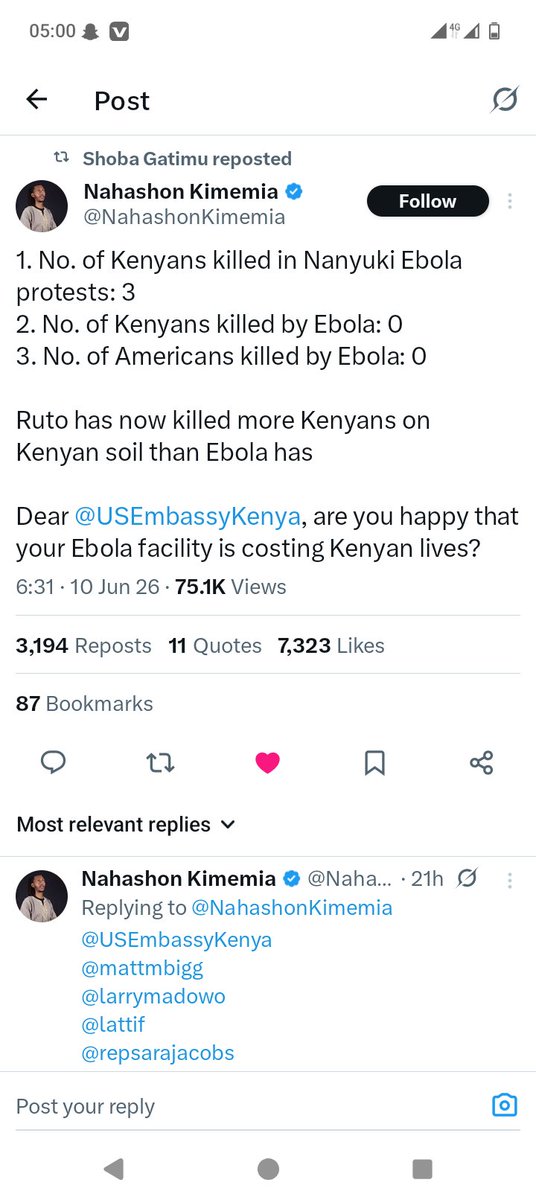 Kayle29717292's tweet photo. @HusseinMohamedg Why is RUTO killing many people than Ebola?? https://t.co/0JztfvDilb