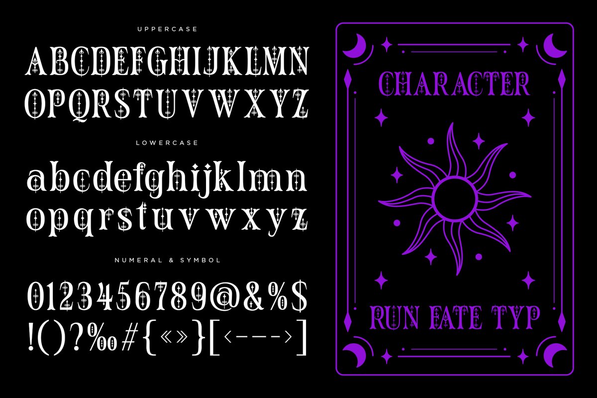 alitdesign's tweet photo. Rune Fate Typeface, a mystical decorative display font that masterfully blends gothic elegance with celestial darkness.

LInk Download :
https://t.co/WKYVCkvfuk

#font #typeface #design https://t.co/XinNtbexj9