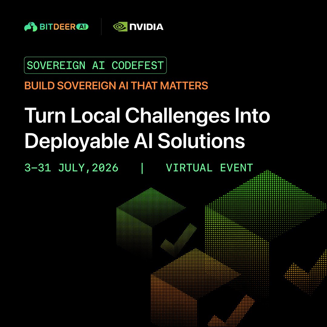 Bitdeer_AI's tweet photo. Sovereign AI Codefest is officially coming to SEA - 🌏 fully virtually. Co-hosted by Bitdeer AI and @NVIDIAAP, we’re bringing Sovereign #AI to the region with a bang!

More than a demo, a high-impact hackathon focused on developing and fine-tuning Sovereign AI models and applications tailored to local needs.

🔥Your agent, you fine-tune!

If you’ve been sitting on an AI idea but held back by compute costs, this is your moment.

Worried about resources? Here’s what you get for 4 weeks:
🔹  Get hands-on mentorship directly from Bitdeer AI and NVIDIA experts.
🔹  Harness @Bitdeer AI GPU cloud powered by NVIDIA HGX H200
🔹  Explore the full-stack ecosystem to apply AI to real-world use cases.

📅3-31 July 2026, unlimited GPU compute, NVIDIA & Bitdeer AI mentors, impactful outcomes.

Bring your problem, we’ll help you build the solutions. Apply before 19 June! 👉https://t.co/iVEo3NWrQd

#SovereignAI #AIHackathon #GenerativeAI #BitdeerAI #OpenHackathon