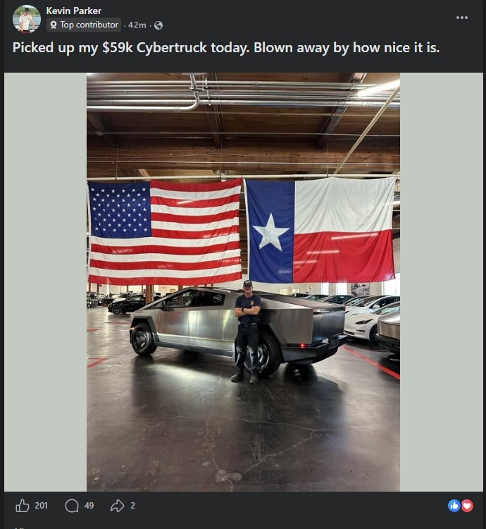 YoKeenan10's tweet photo. Some more people are now taking delivery of their $59K Cybertruck Tesla please lower the price again and honor FSD transfers. 
Source: Cybertruck Owners Group Facebook https://t.co/veCabSChvx