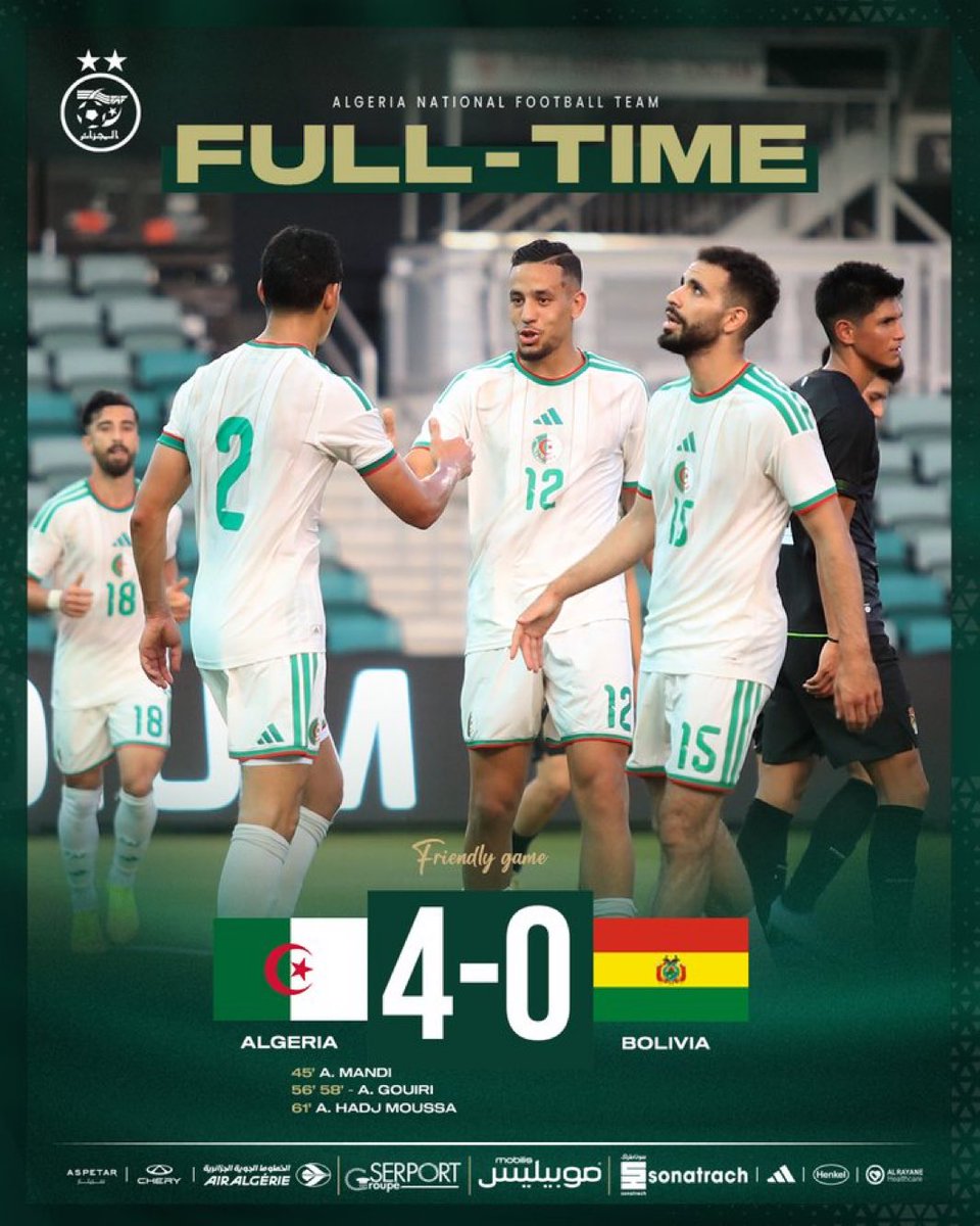 IcosiumFC's tweet photo. L’équipe nationale s’impose 4-0 face à la Bolivie lors de ce dernier match de préparation avant la Coupe du monde, portée notamment par un doublé de Gouiri, ainsi que des réalisations de Hadj Moussa et Mandi. 🇩🇿⚔️🇧🇴

À noter que Yacine Titraoui et Fares Ghedjemis sont les deux seuls joueurs à n’avoir disputé aucune minute depuis le début du rassemblement de l’équipe nationale. 👀