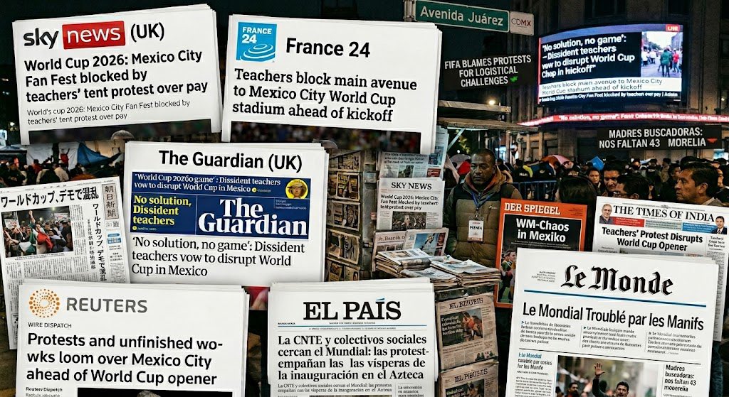 LuisCardenasMx's tweet photo. 📱📰Exhibe prensa internacional caos en CDMX a horas del Mundial 2026.

Las protestas de la CNTE y los bloqueos en puntos estratégicos de la capital mexicana han captado la atención de medios de Europa, Asia, África y América Latina, que destacan el contraste entre la fiesta futbolística y los conflictos sociales que persisten en el país.

Reportes de cadenas como Sky News, France 24, Reuters, The Guardian, Le Monde y El País documentan afectaciones a la movilidad, cierres viales y la ocupación del Zócalo por el plantón magisterial, situación que incluso obligó a replantear actividades relacionadas con el Fan Fest mundialista.

A unas horas de la inauguración en el Estadio Azteca, la cobertura internacional coloca en primer plano las manifestaciones y los desafíos logísticos de la Ciudad de México, desplazando parte de la narrativa oficial centrada en la organización y celebración del torneo.