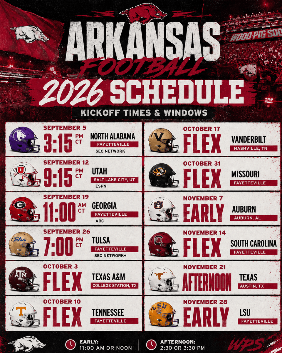 CallTheHogs's tweet photo. The times and time windows for the 2026 Arkansas Razorbacks Football schedule were announced today. #WPS #RazorbackFootball https://t.co/3QRQLGDCZ7