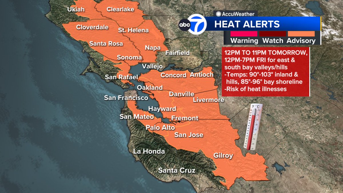 SandhyaABC7's tweet photo. HEAT &amp; FIRE DANGER ALERT: Heat is on tomorrow!  Inland areas in triple digits, warm around bay &amp; coast.  Heat Advisory going up for many.  Dry, gusty winds develop in hills late tonight, Red Flag Warning starts at 11pm. Stay aware &amp; hydrated!  #SanFrancisco #BayArea #forecast https://t.co/NVFHzerzPV
