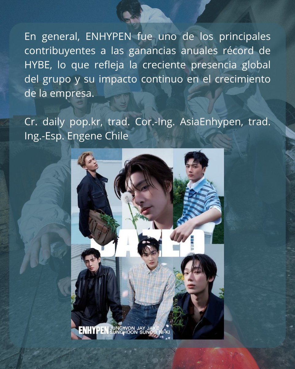 EngeneChile's tweet photo. 〚 #INFO ⋮ 260610 〛
Artículo 👉🏻 ENHYPEN: el artista que más contribuyó al crecimiento de HYBE en 2025 💵

꒰⋯⋯🧬⋯⋯꒱
⤿©️ dailypop . kr, AsiaEnhypen, Engene Chile ☁︎
𝐄𝐧𝐠𝐞𝐧𝐞.𝐜𝐡𝐢𝐥𝐞_
•✨•
@ENHYPEN @ENHYPEN_members #엔하이픈 #ENHYPEN #ENGENE #KNIFE #THESIN_VANISH https://t.co/10F0SyRwIy