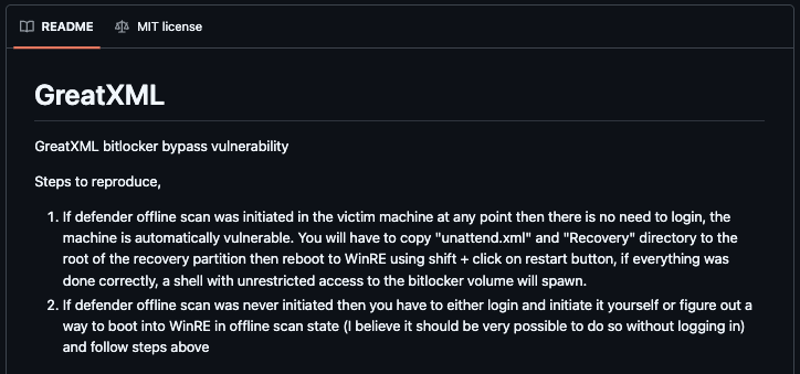 vxdb's tweet photo. New NightmareEclipse Bitlocker Bypass 0-Day

https://t.co/FOietKQhos https://t.co/MoQH3KzmMp