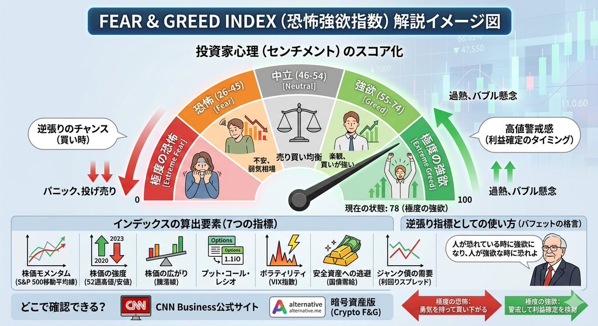 oyachai55's tweet photo. 【投資の羅針盤】
市場の心理を0〜100で数値化した「Fear & Greed Index（恐怖強欲指数）」。
25以下の「極度の恐怖」はパニック売りで絶好の買い場になりやすく、75以上の「極度の強欲」はバブル気味で高値警戒のサイン。
バフェットの格言通り、逆張り指標として活用できます。
CNNサイトで無料確認可能！