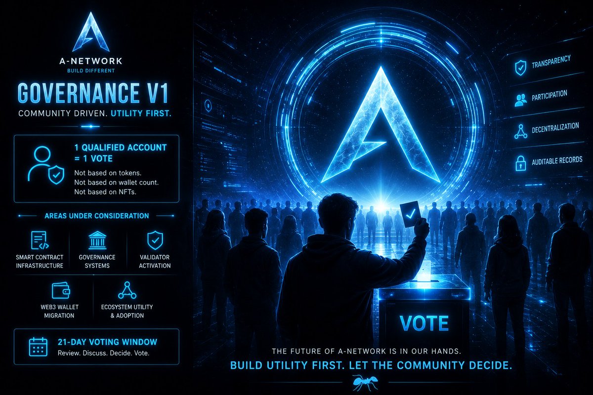 Jagabandhu5280's tweet photo. The upcoming Governance V1 announcement is a significant milestone for A-Network and its vision of true community participation.

What stands out is the commitment to fairness:

✅ 1 Qualified Account = 1 Vote

Not based on token holdings. Not based on wallet count. Not based on NFT ownership.

This approach ensures that governance is driven by active participants rather than concentrated wealth.

The first proposed vote focuses on a Utility-First Distribution Roadmap, allowing the community to decide whether key infrastructure should be prioritized before broader Layer 1 monetary activation and liquidity expansion.

Areas under consideration include:

🔹 Smart Contract Infrastructure 🔹 Governance Systems 🔹 Validator Activation 🔹 Web3 Wallet Migration 🔹 Ecosystem Utility & Adoption

A 21-day voting window is also being planned, giving all eligible participants enough time to update their applications, review the proposal, discuss it with the community, and cast their vote.

Transparent vote counting, auditable records, and participation-based governance are important steps toward building a stronger decentralized ecosystem.

The future of A-Network should be shaped by its community.

Build Utility First. Let the Community Decide.

#ANTS #ANetwork #ANET #GovernanceV1 #Web4 #Blockchain #Decentralization #CommunityGovernance #Layer1 #Crypto #BuildTogether 
@Joel_Dupalco @21_itis @BaskaranBBV
