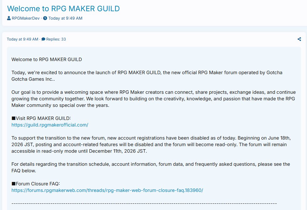SoutheastAsiaRM's tweet photo. L Take from RPG Maker / Gotcha Gotcha Games

RPG Maker Forum will shut down on December 11, 2026 due to they want moved to new forum "RPG Maker Guild"

This is where the community posts tons of projects, assets, and plugins. Instead make it just read-only why shutdown? https://t.co/4cZywh7dvt