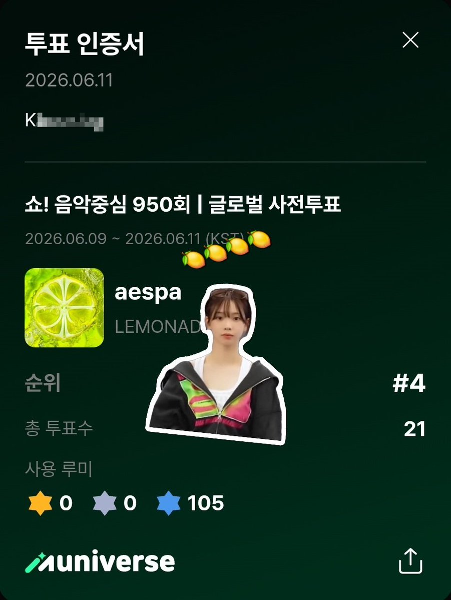 itsRaynotes's tweet photo. 6/11 음중 뮤니버스 투표 두개 더🍋🙏

#aespa #에스파
#LEMONADE #aespaLEMONADE https://t.co/mZpjyhMQ4Z