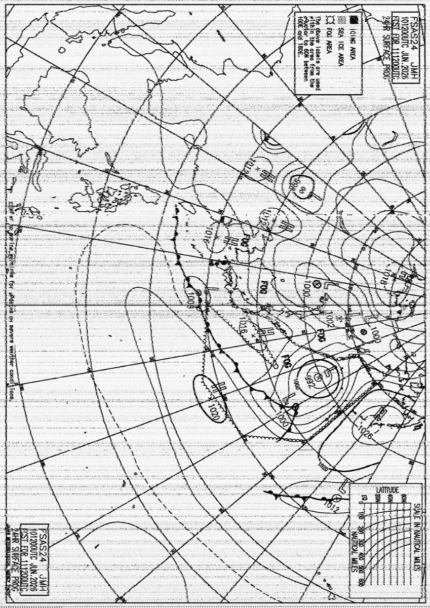 vk6ysf97230's tweet photo. Monitored JMH Tokyo, Japan
10 Jun 2026, 2318UTC
HF Marine Weather FAX
Dial Freq: 13986.6 kHz USB
Distance: 7,860 km
Decoded with FLDIGI Mode: WEFAX576
RX: Airspy HF Discovery, 10m End-fed wire sloper antenna.
https://t.co/ia7trF67Hl
#weatherfax #hffax #swl https://t.co/TJrPMTpNTv