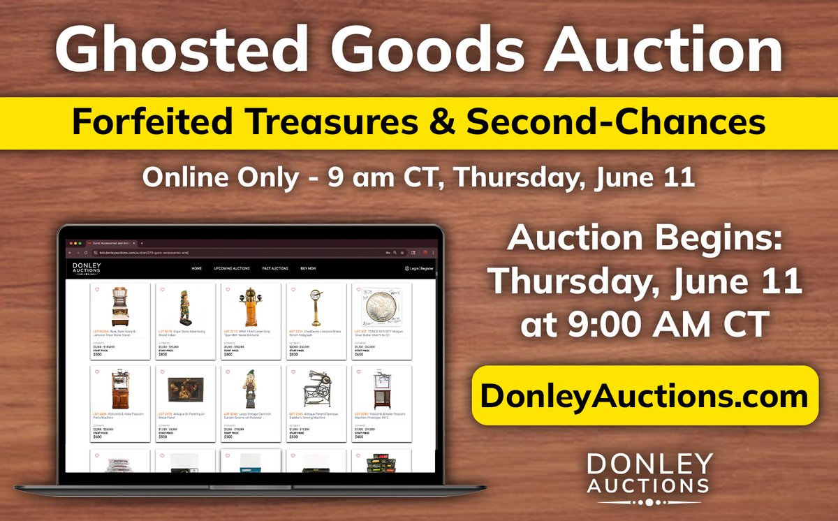 DonleyAuction's tweet photo. 👻 THEIR LOSS IS YOUR GAIN! 👻

The countdown is officially ON. Tomorrow at 9:00 AM CT, our Online Only Ghosted Goods Auction goes live, and trust us—you do not want to miss these forfeited treasures and second-chance finds!

As you can see on the laptop in Artboard 6.jpg, we’ve got everything from rare collectibles and vintage advertising to unique decor items just waiting for a new home.

The bidding starts tomorrow morning, but you can preview the goods right now. Tap the link below to browse the full catalog and register to bid before the clock strikes 9!

👉 Browse the Catalog Here: https://t.co/haCjly50p0

#DonleyAuctions #GhostedGoods #OnlineAuction #AuctionsWork #LiveAuctioneers #AuctionDay #VintageAdvertising #AntiqueCollector #CoinCollecting #RareFinds #ForfeitedTreasures #SecondChanceFinds #Chicagoland #McHenryCounty #MidwestCollectors