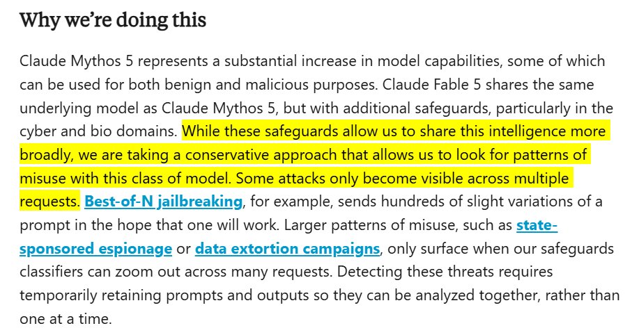 ccsakuweb's tweet photo. Claude Fable 5 retains 30 days of data by using it independently on your settings.

Because of the potential damage their model can do, they analyze multiple requests looking for patterns. 

But... I don't get it. Someone with malicious purposes could be using multiple accounts.

What are your thoughts?
@AnthropicAI are you looking for patterns across multiple accounts?

#claude #ai 

Details in comment. 
Follow for real talk about AI.