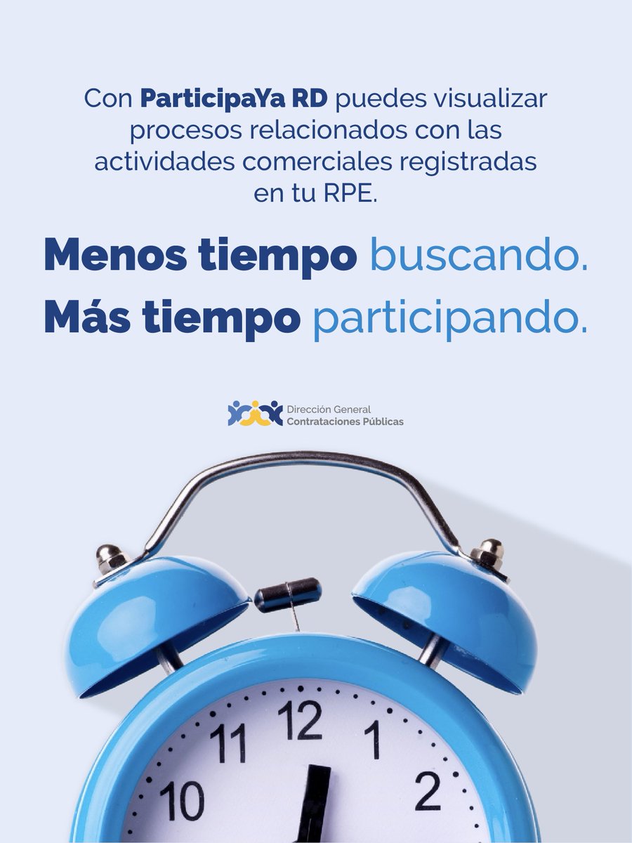 ComprasRD's tweet photo. No todas las oportunidades son para tu negocio. Con ParticipaYa RD encuentra procesos relacionados con tu RPE y participa más fácilmente en las compras públicas.

#ParticipaYaRD #ComprasDO https://t.co/38SCejYIvu
