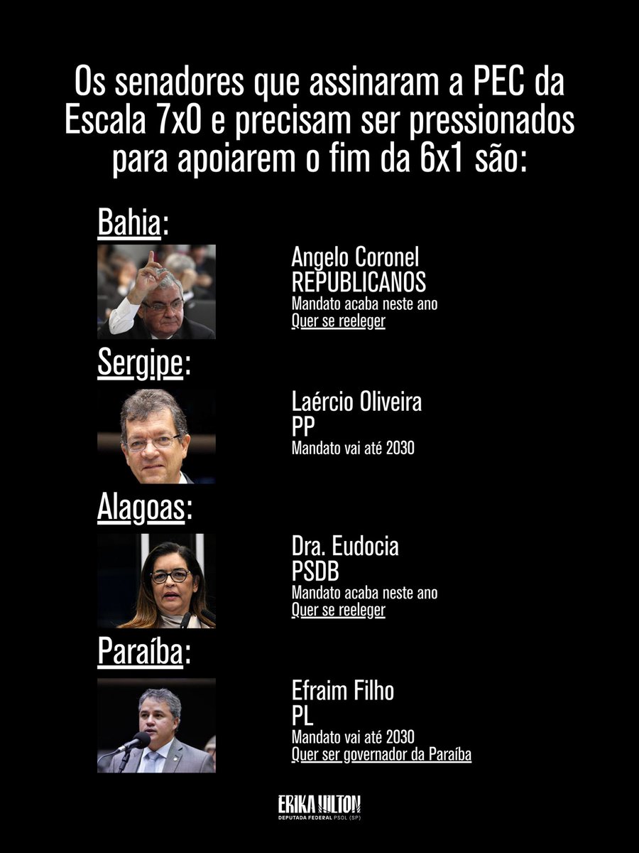 ErikakHilton's tweet photo. Os senadores do Rio Grande do Norte, do Ceará, do Piauí, da Bahia, do Sergipe, do Alagoas e da Paraíba que precisam ser pressionados são 👇🏽 https://t.co/EVdheL8Jdj