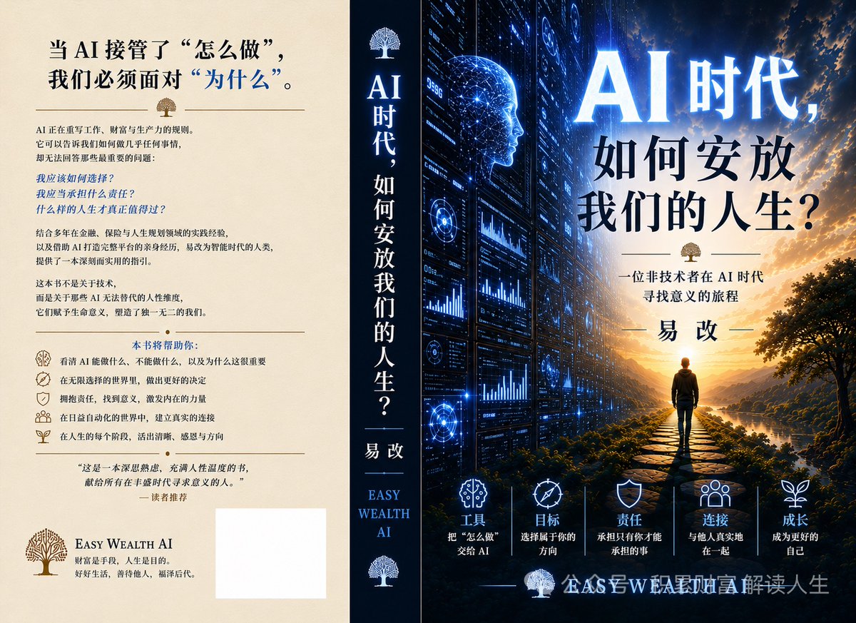 YEHUUUS's tweet photo. 我们会面临人类价值体系的坍塌吗？
——AI把我的活都干完了，我只好写书来探讨它无法回答的问题。

—— 写在新书《AI时代，如何安放我们的人生》出版之际

两个月前，我还看不懂一行代码。

后来，借助 AI，我从零开始，一行一行，亲手搭起了一个完整的系统平台（https://t.co/6UIM215SdB)。每天我都在惊叹：原来一个人，真的可以做成过去需要一个团队才能做的事。

可越是惊叹，心里越有一丝说不清的不安——

当机器能替我做这么多，那个"我"，还剩下多少？

这本书，就是我对这个问题的回答。
我们正在进入一个"什么都算得清"的时代

AI 正在重写工作、财富与效率的规则。它能告诉我们几乎所有"怎么做"：怎么配置、怎么计算、怎么优���，又快又好，好到让人忍不住想：既然它什么都能解决，那我是不是把一切都交给它就行了？

但有一件事我越想越清楚：
AI 越擅长回答"怎么办"，就越尖锐地把另一个更古老、更难的问题，重新交还到我们手上——
当"活下去"不再是问题，我们究竟，该怎样活？

这个问题，过去是少数有闲人的奢侈，今天，它正落到我们每一个普通人头上。

一本书，一个最朴素的区分

写这本书，我没有谈技术。我谈的，是一个朴素到几乎被我们遗忘的区分。

人生里的事，其实只有三种：
一种是"可解的"——它有最优解，可以计算、可以排序。这一类，放心交给机器。

一种是"须选的"——它没有标准答案，只有你愿意成为谁。爱谁、守护什么、在两难里偏向哪一边，这些机器算不出，只能你自己选。

还有一种是"须承担的"——衰老、失去、告别，这些不是用来"解决"的难题，而是用来经历、用来扛的。问的不是"我该怎么办"，而是"我能不能扛得住，能不能有尊严地扛住"。

机器能替你解第一种；但第二种、第三种，永远是你自己的。

我把这本书最核心的一句话，也印在了封面上——
算得清的，交给机器；算不清的，留给自己。

认清这个区分，不是一场智力游戏。它关乎一个人在这个时代，能不能活得不拧巴、不把力气白白耗在没有答案的地方。

这不是坏消息，而是一次解放

你也许以为我在唱衰 AI。恰恰相反。

一旦你真正握住了这个区分，一件极其轻松的事就发生了：你可以心安理得地，把所有"怎么做"层面的事，全部交给机器——不必内疚，不必恐惧。

省下来的所有力气，去做机器永远碰不到的两件事：
去成为你想成为的人，去好好爱、好好告别、好好承担。

一个人真正被定义、被成就的地方，从来不在"怎么做"，而在你选择了什么、扛起了什么。

另外，就是价值判断和认同问题，可能会形成一些冲击。

我们可能要面临回答：我是谁，我存在的价值和意义是什么？

人类，一直面临资源的稀缺，为生存资源而竞争，冲突。AI时代，当信息资源没有了屏障，当生活需求，产品生产的边际成本趋于零的时候，这种冲突和竞争会减缓，或者消除吗？

曾经，掌握信息资源的人，掌握技术的人，掌握生产力的人是人类的权威，是我们需要服从和尊敬的对象，是人生成功的象征，是我们奋斗的榜样。

本质上，这些都是时间和效率的象征。
当AI让这一切都没有了成本之后，或者取代了这一切时，我们该认同和尊重什么？

工业革命经历几百年，极大地提升了劳动生产效率，但人类的价值认同体系似乎没有什么变化。AI革命可能只需要3-5年，会让我们已经习惯的价值体系的坍塌？

细思极���，如果这一切发生，我们的生存形式，我们所面临的社会形态，人类的价值追求会向何处去？

这是笔者思考了很久的问题，也通过这本书，一并带给周边的人。让我们共同探讨，一起回答：

AI时代，该如何安放我们的人生？

中文版与英文版，已经上架

带着这些思考，我把这本书写完了。

中文版《AI时代，如何安放人生》，以及英文版《AI Era: How Should We Live?》（副标题：A Non-Technologist's Search for Meaning in the Age of AI），如今都已在亚马逊上架。

它不是一本技术书。它是写给每一个在便利之下，隐隐感到那个安静的问题的人——为弗兰克尔（Viktor Frankl）、为奥利弗·伯克曼（Oliver Burkeman）的读者，也为正站在这个时代门口、想把自己这一生���放好的你。

熟悉我的朋友知道，我的上一本书是《积累财富 解读人生》。如果说那一本写的是"如何积累一生"，那么这一本，写的就是它的后半部——如何解读、如何安放这一生。

这也是我做易智财富（https://t.co/6UIM215SdB)这个平台的初心：把"算得清"的财务决策，交给更好的工具；把"算不清"的人生选择，郑重地，还给每一个人自己。

最后

写这本书的过程，本身就是它想说的那句话的注脚：

我把"怎么写代码、怎么排版、怎么计算"交给了 AI；而"写什么、为什么写、想对人说什么"——这些算不清的部分，我一个字一个字，留给了自己。

如果你也曾在这个高速运转的时代里，停下来问过一句"我到底该怎么活"，那么，这本书是写给你的。

愿它能成为一盏灯，让前面的雾，一寸一寸地散开。

——易改  2026年6月于纽约

📖《AI时代，如何安放人生》/《AI Era: How Should We Live?》现已在亚马逊上架，搜索书名即可。欢迎读完后把你的想法告诉我，也欢迎转发给那个你觉得"��需要"的人。