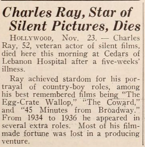 WallaceReid_'s tweet photo. 1943 Actor Charles Ray born Charles Edgar Ray (March 15, 1891 – November 23, 1943) #obit Charles was one of the biggest box office/photoplay stars but not a very good producer #MylesStandish https://t.co/5Ew3TJZZDe