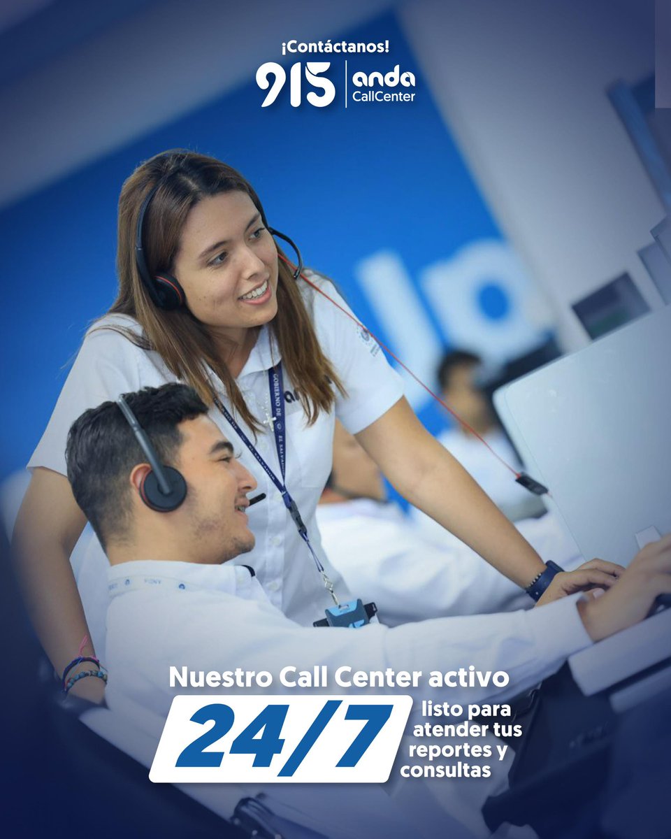 ANDASV's tweet photo. “Si tienen una emergencia o reporte relacionado con nuestros servicios, el equipo de Call Center 915 brinda atención 24/7. Estamos listos para procesar su gestión y atenderla a la brevedad posible. También contamos con un número de WhatsApp al que pueden escribir: 7838-1462”, @darevalosv.