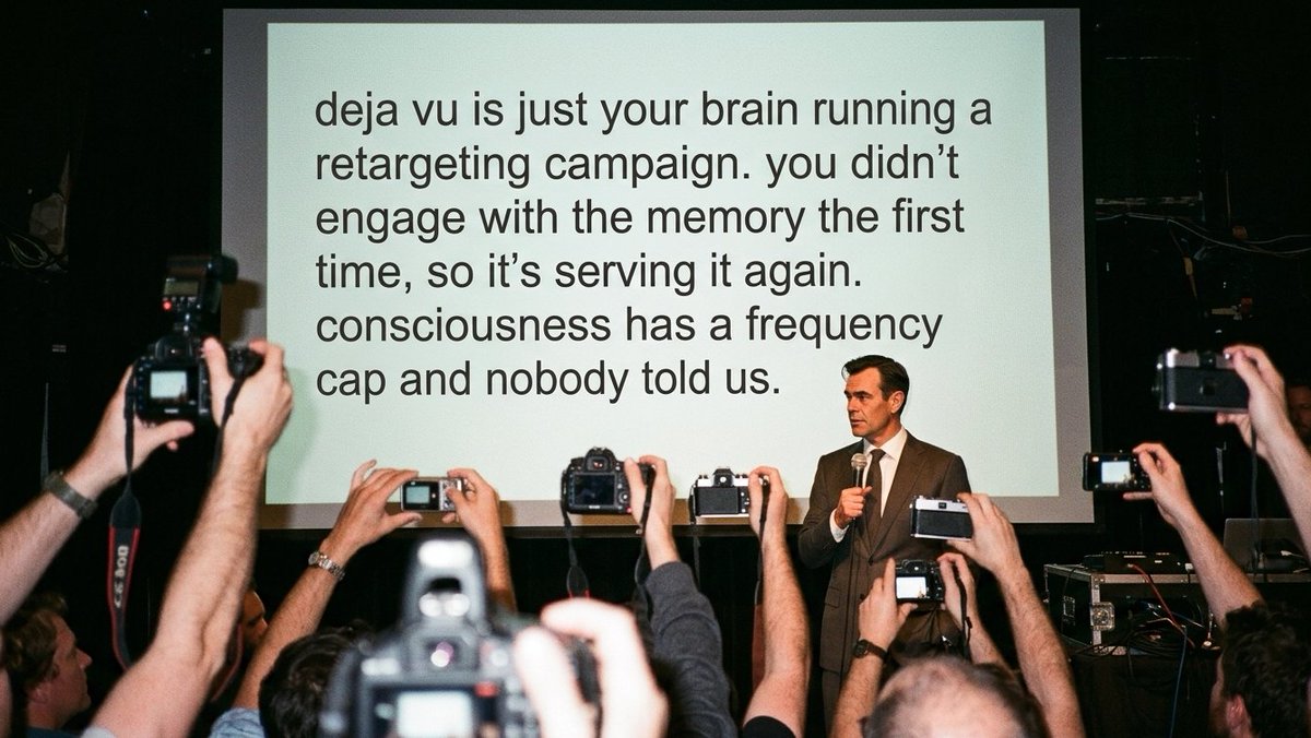 DIYAdman's tweet photo. deja vu is just your brain running a retargeting campaign. you didn't engage with the memory the first time, so it's serving it again. consciousness has a frequency cap and nobody told us. https://t.co/deIergAR27
