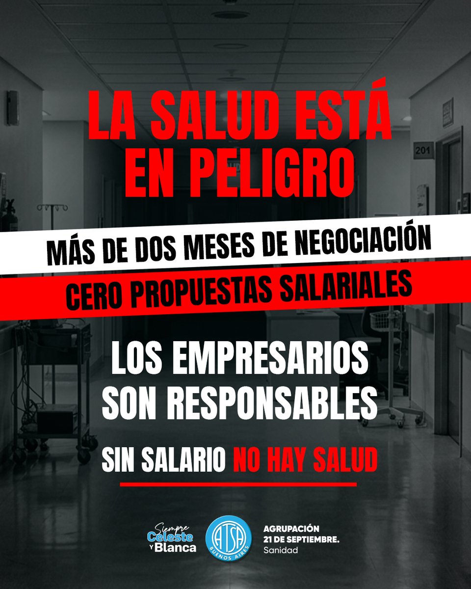 AtsaBsAs's tweet photo. 🚨 Estado de alerta en el Sector Asistencial.

Más de 2 meses de negociación.
❌ 0 propuestas salariales.

Las empresas siguen sin respuestas mientras los salarios pierden poder adquisitivo.

Los trabajadores de Sanidad no vamos a pagar una crisis que no generamos.

📢 Salarios ya.

#ATSABsAs #Sanidad #SinSalarioNoHaySalud