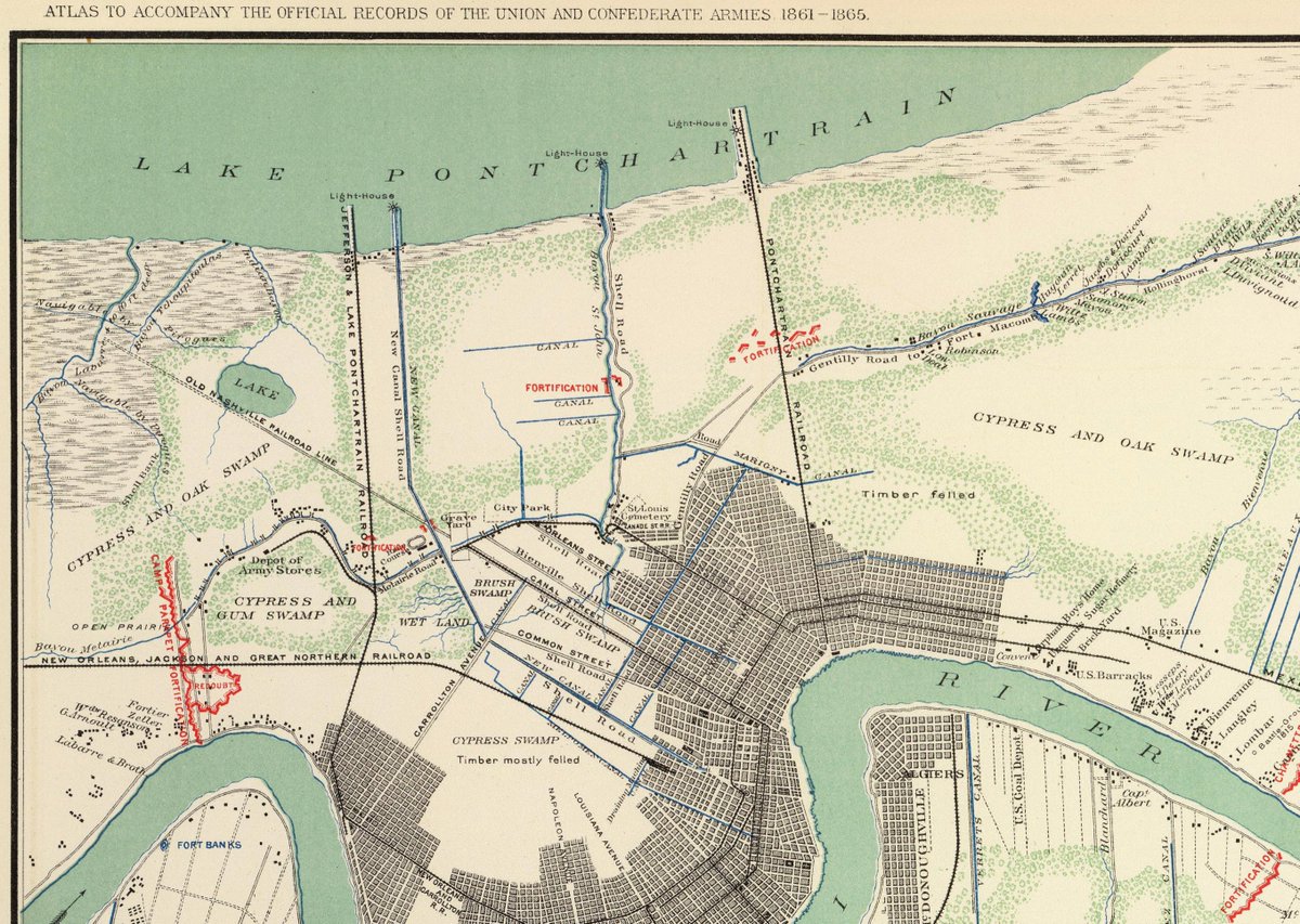 ParkerWaters's tweet photo. I have always been intrigued by maps, especially those drawn before my time. They sometimes tell and paint a story better than history books. Like this, the  "Gen. Banks map" which was drawn during the occupation of New Orleans at the time of the Civil War. It depicts the "New Canal" or New Basin Canal. Note how far into the city it reached from Lake Pontchartrain. To the right, Bayou St. John which reached well into the city. Both were major avenues of transportation. Many are surprised to learn that much of the city commerce began from the Lake and not the Mississippi River. Turning to the west, note the curving Bayou Metairie which is also Metairie Road. And finally, looking at this map, it is no wonder we have pumping stations and drainage canals everywhere. New Orleans and Metairie really were built in a swamp!  As for General Banks or "Spoons", that's another story. (map is from Library of Congress)