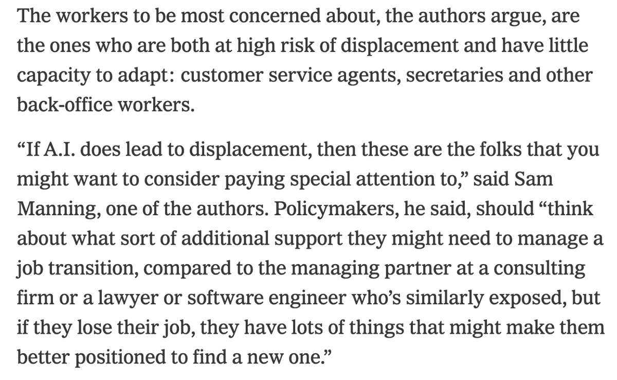 sj_manning's tweet photo. If AI causes displacement, not all workers will have the same capacity to transition to new work. Clerical and administrative workers may be among the most vulnerable while workers in professional and technical occupations may be better positioned to manage a job transition. https://t.co/893ql4KhVd