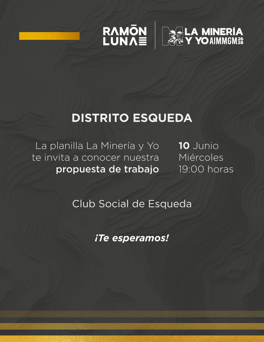 MineriayYo's tweet photo. Nos vemos hoy en Esqueda ⛏

Estaremos compartiendo nuestro plan de trabajo con los socios del Distrito y abriendo un espacio de diálogo para escuchar ideas y propuestas.

Porque la AIMMGM se construye con participación.⚒️

¡Te esperamos!

#Mineria #AIMMGM @AIMMGM_Nacional https://t.co/9TJMNQIZhf