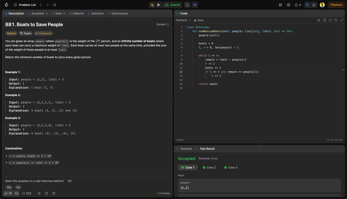 SemiloreId's tweet photo. Day 160/365✅

Question: Boats to Save People (Leetcode 881) - Medium 🟡
https://t.co/BCD7SVbTJH

Solution
https://t.co/E1HWGzIYw0

Approach
Classic sort and two-pointer. Explainer linked https://t.co/bGexgDAqx3