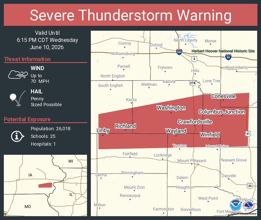 NWSQuadCities's tweet photo. Severe Thunderstorm Warning continues for Washington IA, Columbus Junction IA and  Winfield IA until 6:15 PM CDT. This storm will contain wind gusts to 70 MPH! https://t.co/1QBEgpZYDE
