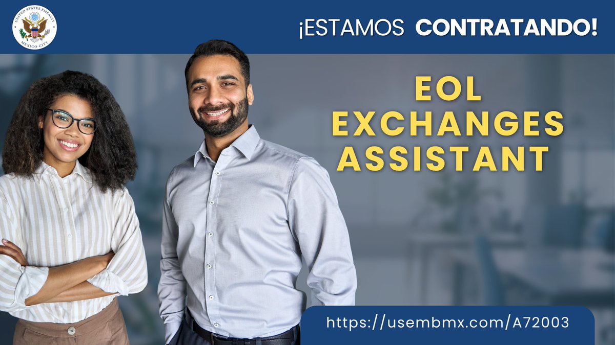 USEmbassyMEX's tweet photo. 📢 ¡Vacante en la Embajada de Estados Unidos en México!
Buscamos EOL Exchanges Assistant para apoyar programas de intercambio profesional como IVLP y SUSI, trabajando con líderes, instituciones académicas y organizaciones de la sociedad civil.
🔗 Postúlate aquí antes del 22 de junio: https://t.co/nWattZE9pi 
#Vacantes #Empleo #EmbajadaEstadosUnidos #Intercambios