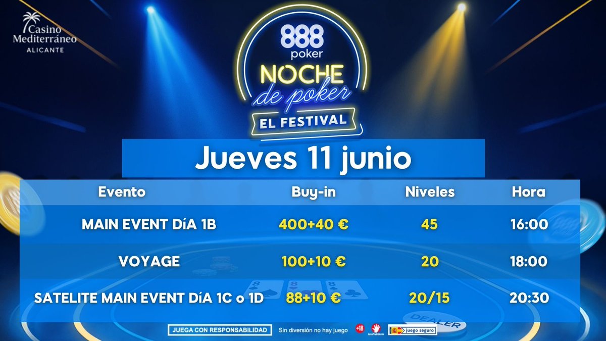 888pokerSpain's tweet photo. ¡A las 16:00 arrancará el segundo flight del Main Event de Noche de Poker El Festival Alicante! https://t.co/2aXJZQqN12