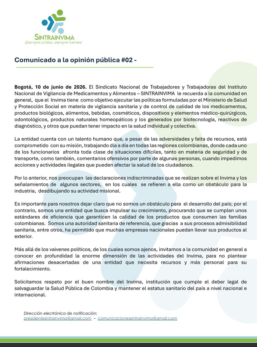 Sintrainvima24's tweet photo. Sintrainvima lamenta las declaraciones indiscriminadas 🗣️ que se realizan sobre el Invima y los señalamientos de  algunos sectores,  en los cuales se pretende desdibujar su actividad misional. ¡Los funcionarios del Invima trabajamos para  salvaguardar la Salud ❤️‍🩹Pública! 📄👇 https://t.co/fJ5S5bKdow