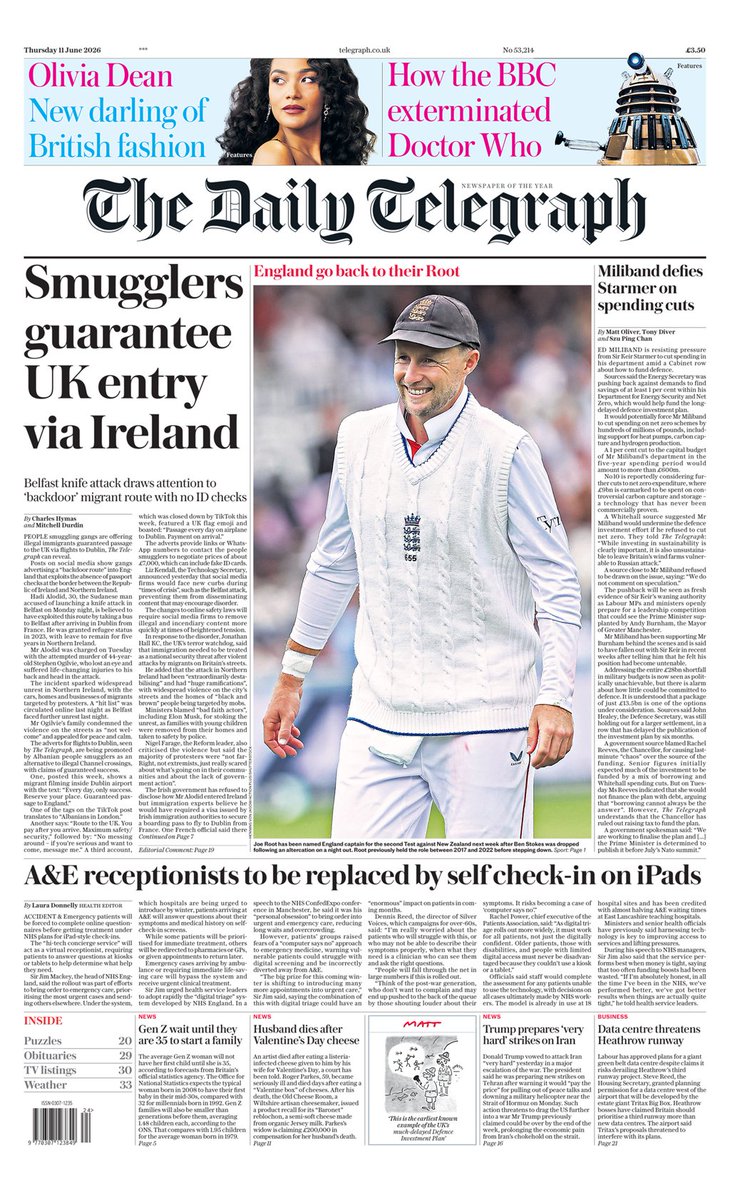BobCallan's tweet photo. People smuggling gangs are advertising a "backdoor route" for illegal immigrants to get into the UK through flights to Dublin, according to The Telegraph's front page story. https://t.co/ykr2beD2fg