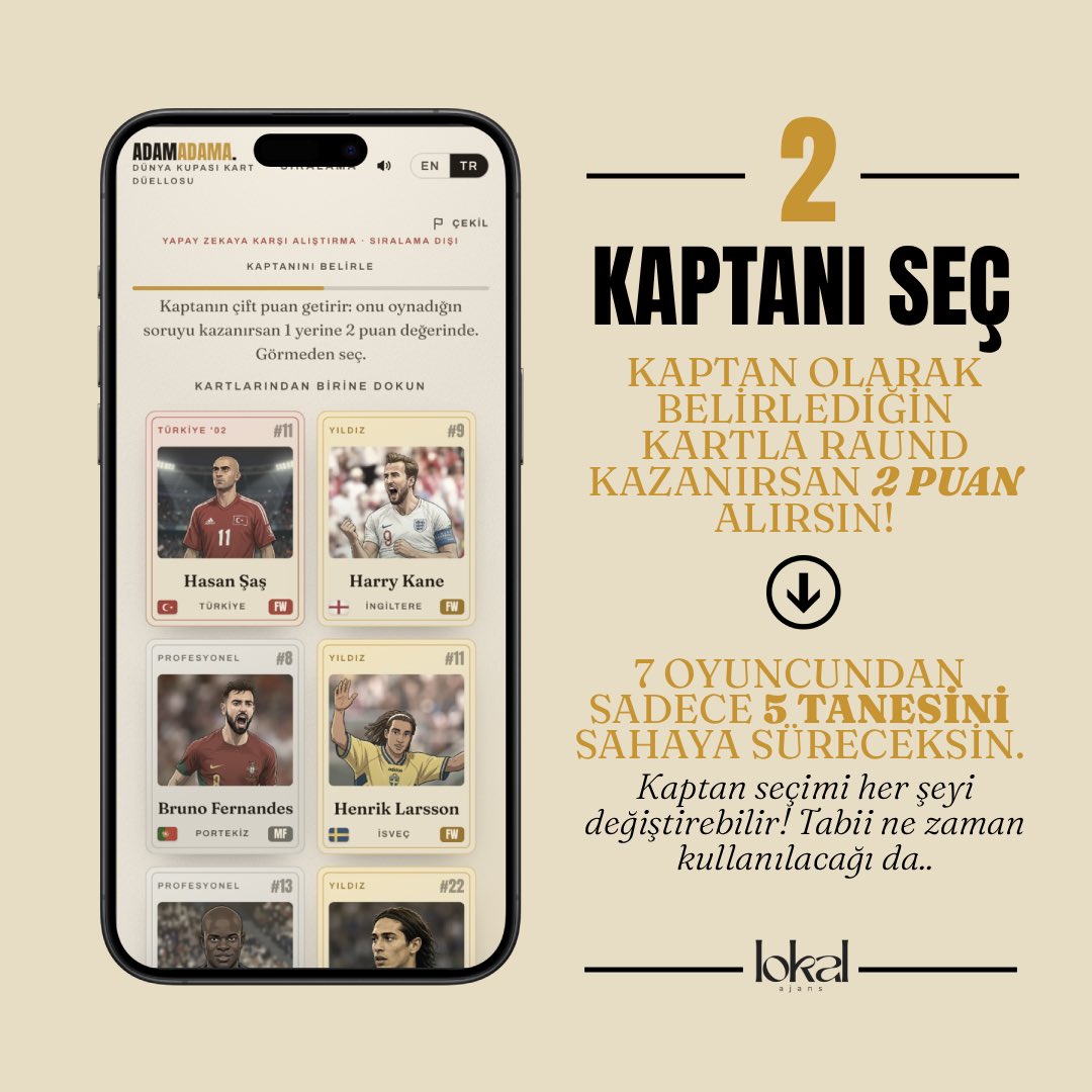 tevfikayan's tweet photo. @canonduygu Dünya Kupası heyecanını ikiye katlayacak online kart oyunumuz Adam Adama yayında! ⚽️ 
Sürpriz sorular, efsane oyuncular ve doğru strateji! İster canlı rakip bul, ister arkadaşını davet et. 
Hesabı sahada görmek için tıkla!
https://t.co/Nmwk4AiZFg https://t.co/H67B6nZPNe