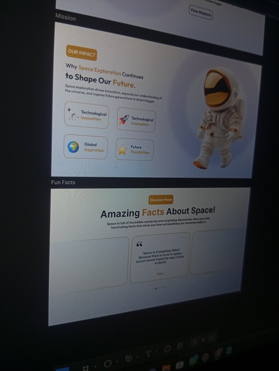 Glorious_editor's tweet photo. Just completed another section of the landing page. The goal is to make learning about astronauts and space exploration feel engaging, modern, and visually immersive.
#WebDesign #UIUX  #FigmaDesign #LandingPage #SpaceExploration #Astronaut #SpaceFacts #buildinpublic https://t.co/RrKfwxTO2A