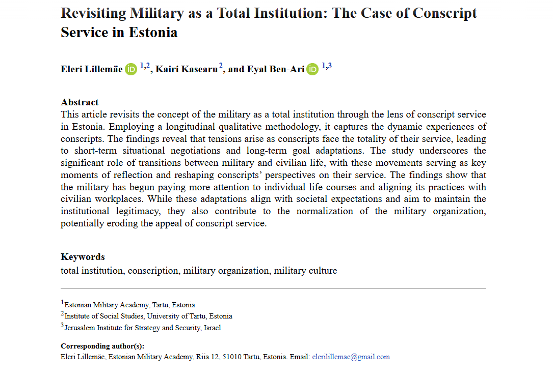 AFS_SAGE's tweet photo. Check out this article from our #NewIssue! Revisiting Military as a Total Institution: The Case of Conscript Service in Estonia - Eleri Lillemäe, Kairi Kasearu, Eyal Ben-Ari https://t.co/TG1D1xqh0s https://t.co/Dn8YHEdnti