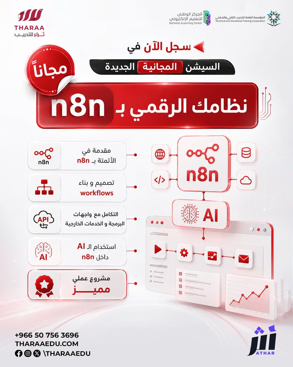 tharaaedu's tweet photo. غداً بإذن الله هو موعدنا للسيشن المجانية الجديدة..

فـ هل حجزت مقعدك؟ 
أم تريد تفويت الفرصة على نفسك؟

وكل هذا تحت مسمى (نظامك الرقمي بـ n8n)..

السيشن ستكون بالتعاون بين #ثراء_للتدريب و #أكاديمية_أثر بإذن الله https://t.co/Pei3yM8TVr
