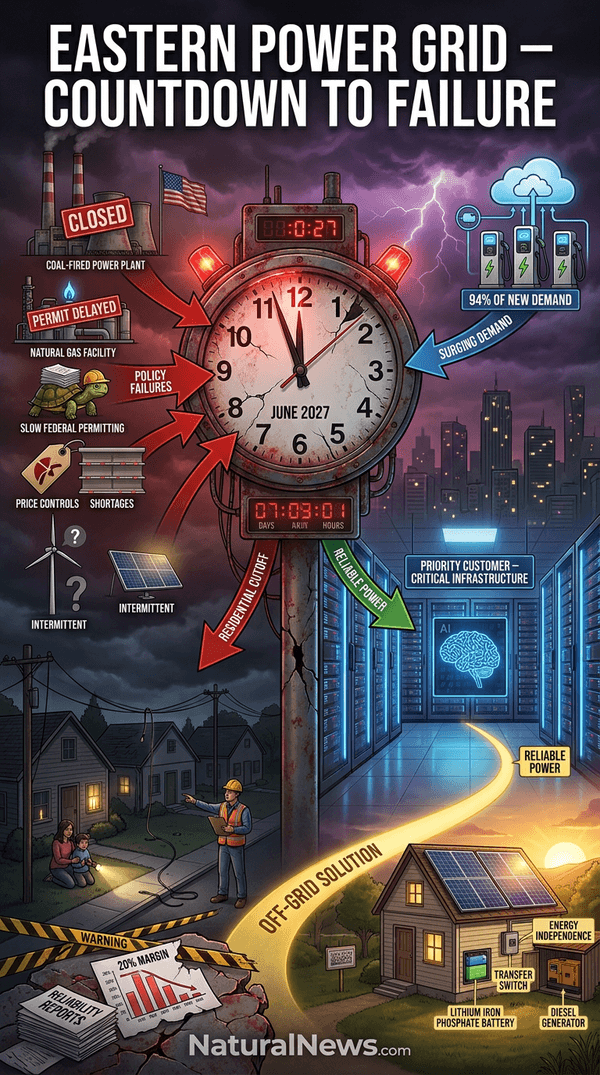 HealthRanger's tweet photo. Countdown to power failure for the Eastern power grid (USA), impacting 67 million people (infographic) https://t.co/WRFaN7LZd4