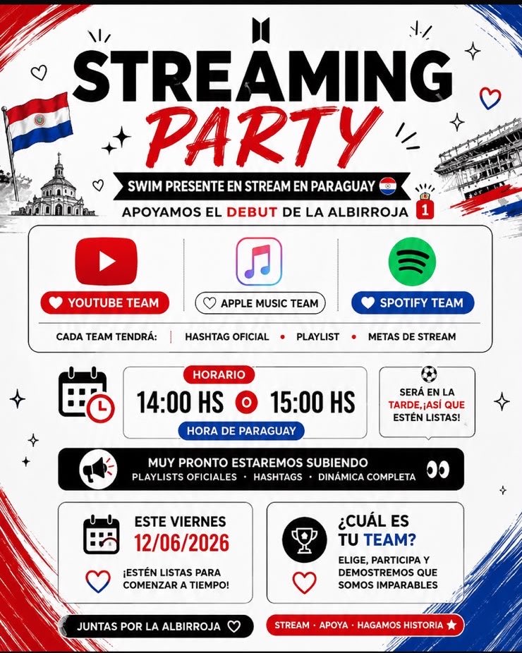 oocvyrarmy's tweet photo. BUENAS NOCHES PY- ARMY! 🇵🇾
esto es un recordatorio de nuestro #StreamPartySWIMxAlbirroja este VIERNES 12/06 como previa del debut albirrojo, más información en la imagen! 

nos encantaría que se unieran a esta fiesta 🤩🫰🏼 #BTSENPARAGUAY https://t.co/UqeAy8KtGf