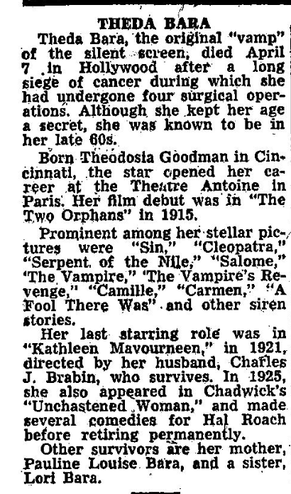 WallaceReid_'s tweet photo. 1955 Theda Bara born Theodosia Burr Goodman; July 29, 1885 – April 7, 1955) #obit #vamp #mystery https://t.co/yVRZ44hJdu