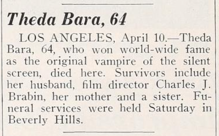 WallaceReid_'s tweet photo. 1955 Theda Bara born Theodosia Burr Goodman; July 29, 1885 – April 7, 1955) #obit #vamp #mystery https://t.co/yVRZ44hJdu