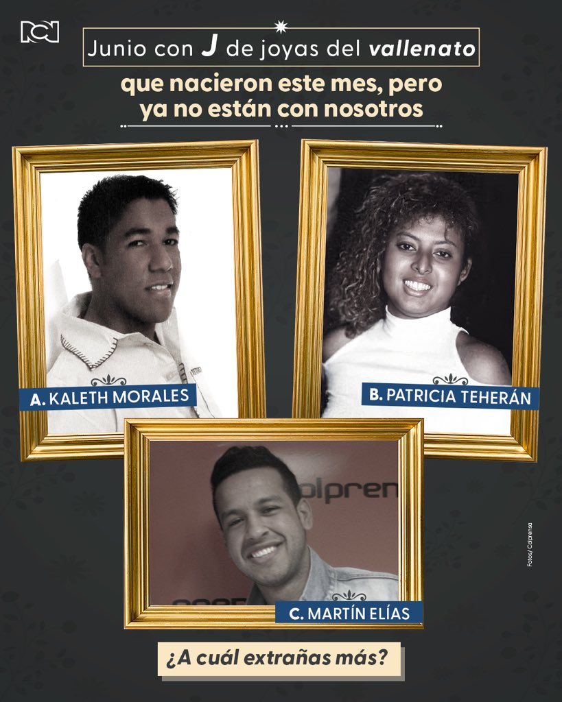 rcnradio's tweet photo. En junio nacieron tres de las leyendas del vallenato más conocidas del país: Kaleth Morales, Patricia Teherán y Martín Elías. 🪗✨ Lastimosamente, ya no están con nosotros, ya que los tres fallecieron en trágicos accidentes automovilísticos. 🕊️💔 Sin duda, dejaron un vacío inmenso en nuestra música, pero ¿A cuál de ellos extrañan más? 🤔👇