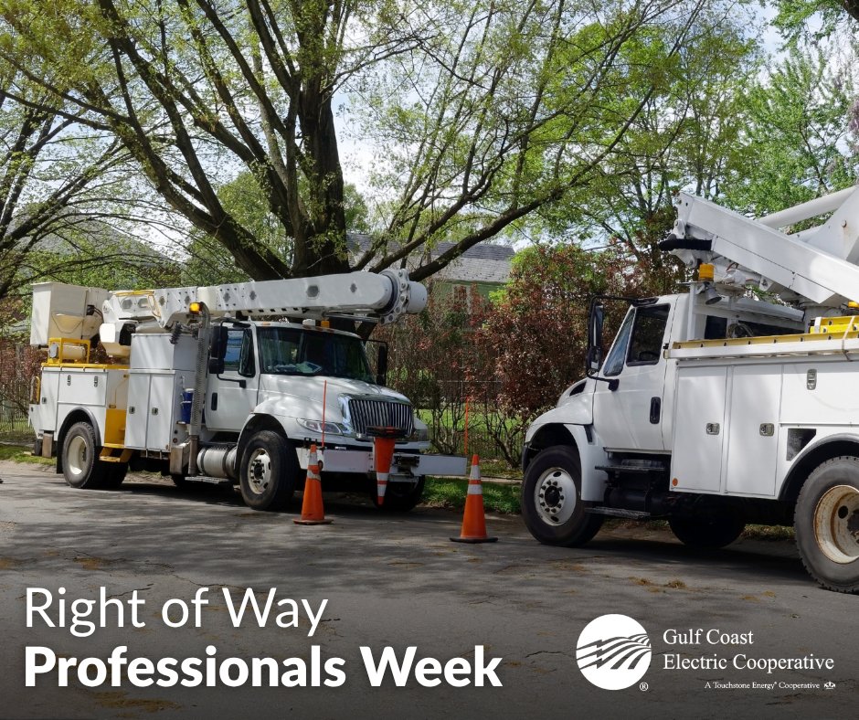 GulfCoastEC's tweet photo. GCEC recognizes all the hardworking right-of-way professionals within our community. (Especially our lineworkers—we’d be powerless without you!) 
 
If you see a utility truck working on the side of the road, remember to move over safely! ⚠️ #RightOfWayProfessionalsWeek https://t.co/z2hBw3V3lt
