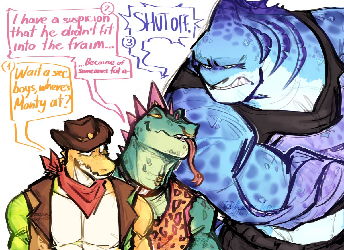 Kiru_Tigrist's tweet photo. Oh look my favorite squad of reptiles– Hm…
I think I forgot someone…

#tadc #gummigoo #GOAT #olachenkomodo #modo #rumble #tentacular (yeah T is actually considered a reptile, for like 30%) https://t.co/RMRC782fkh