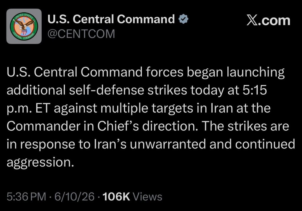 E5__pr's tweet photo. 🚨 U.S. Central Command forces began launching additional self-defense strikes today at 5:15 p.m. ET against multiple targets in Iran at the Commander in Chief’s direction. The strikes are in response to Iran’s unwarranted and continued aggression. https://t.co/jG7S2lvp8u
