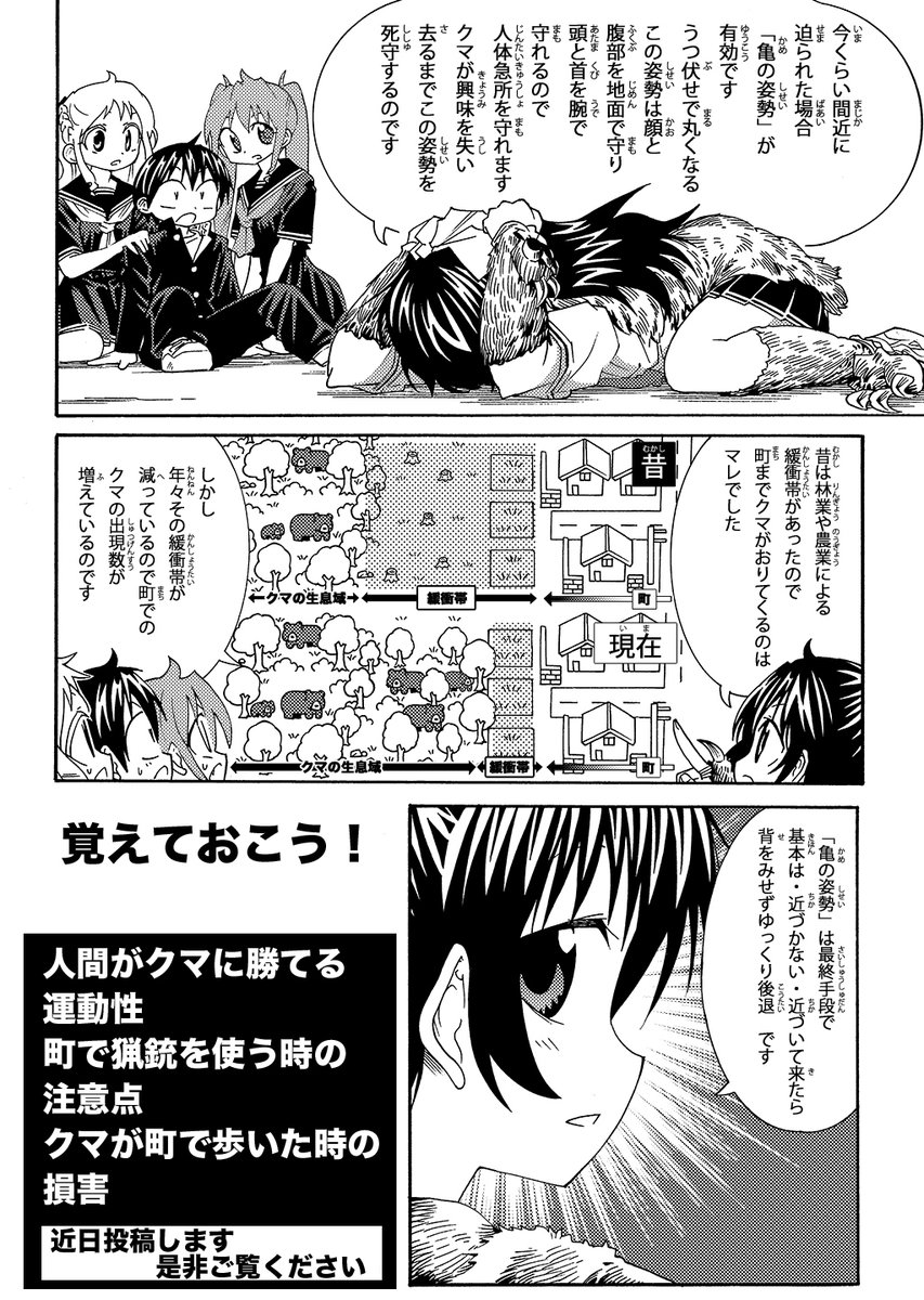 shiro_otsuka's tweet photo. 【町でクマに会ったときにやってはいけない行動】（3/3）
 クマに遭遇した人の９９%が無事に生還しますが数%の人が襲われ無くなります
そのほとんどがクマの初めの一撃で深刻なダメージを受けそのまま亡くなるケースが多いらしいので、初手をくらわず亀の姿勢をとれば生還の可能性は格段に上がります
 #クマ #熊