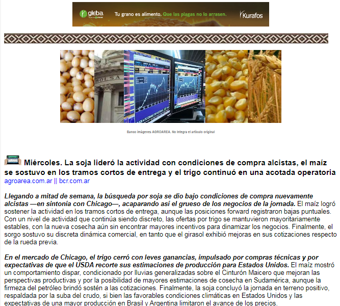 AGROAREA's tweet photo. +DATA AGROAREA

Miércoles. La soja lideró la actividad con condiciones de compra alcistas, el maíz se sostuvo en los tramos cortos de entrega y el trigo continuó en una acotada operatoria | https://t.co/VpLQo5wScs https://t.co/gRmIbeyBd3