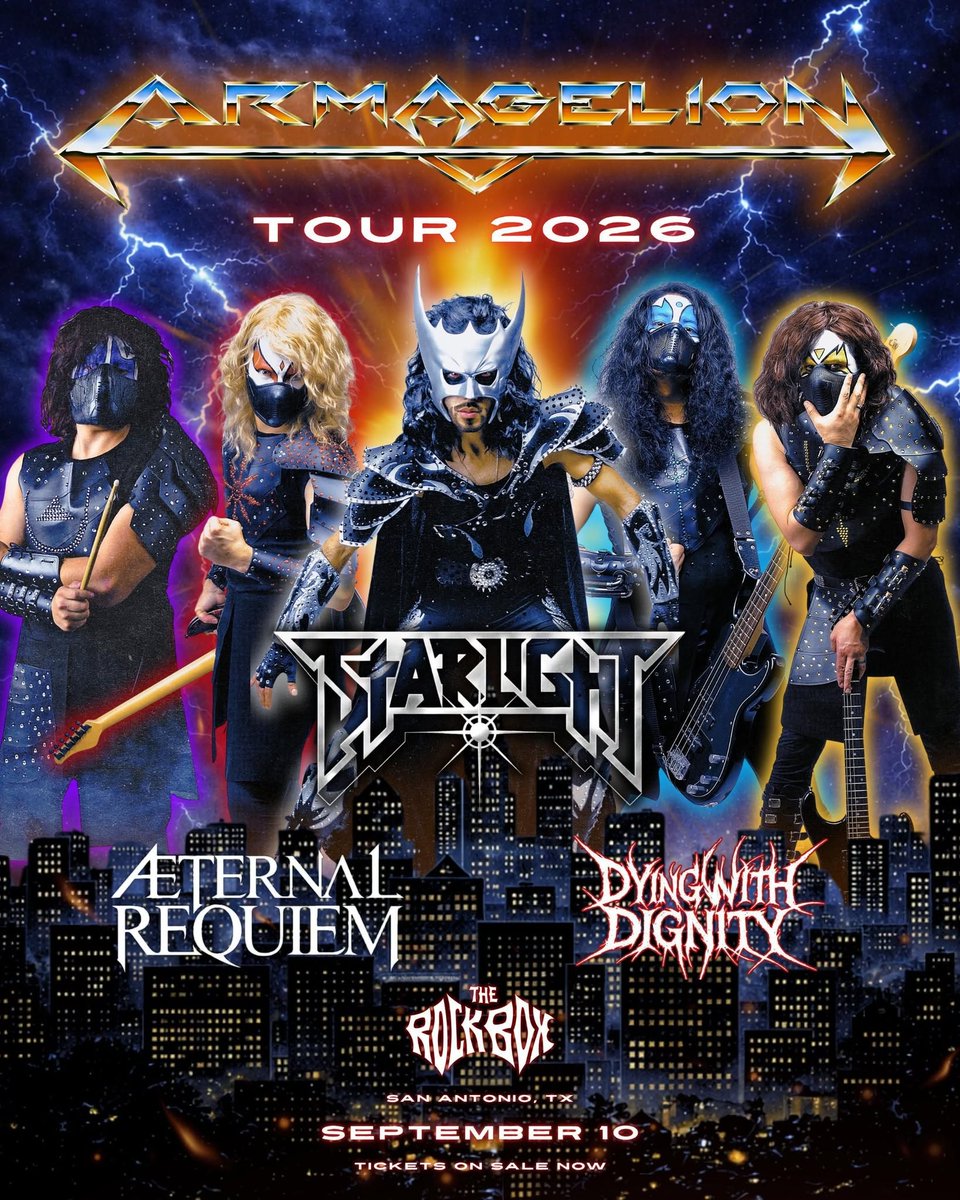astralhavenrec's tweet photo. ARMAGELION are ready to take on San Antonio on September 10th, 2026! 😎
Do not miss this show! Rock on! 🤘#ARMAGELION #LiveShow @BURRN_ @burrnonline @shinkomusic @gekirock @young_guitar @metal_dio @tyunenjump @c_wadametalk #AstralHavenRecords https://t.co/2a0UU816F3