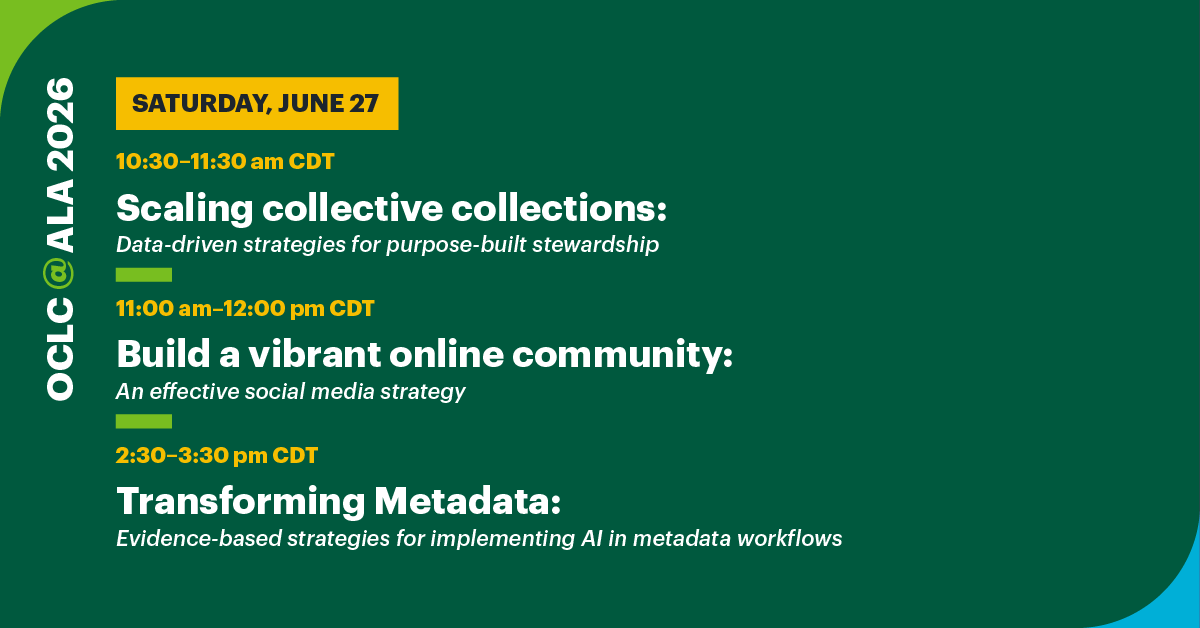 OCLC's tweet photo. Headed to #ALAAC26? 📅 Join us for our seven conference sessions by registering to attend on our conference landing page. We'll cover topics ranging from resource sharing and metadata to foundational skills and social media.

➡️ Learn more and register: https://t.co/7P92ouO6ZS https://t.co/88rHcEuUOF