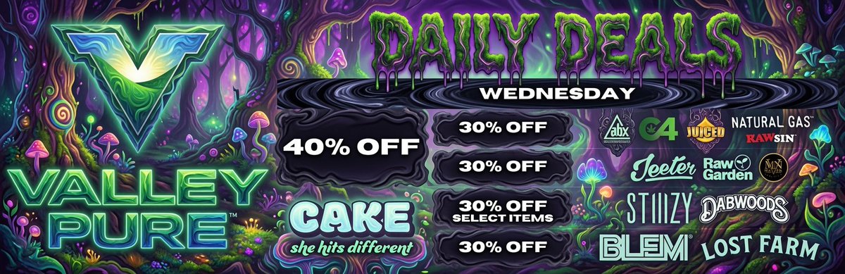 Valley_Pure_'s tweet photo. Wednesday Daily Deals!!! Stop in and save big. 
@CakeShehitsbars 
@AbsoluteXtracts 
@passthejeeter 
@_rawgarden 
@MavenGenetics 
@stiiizy 
@DabwoodsCa https://t.co/vj5R6K2jWj